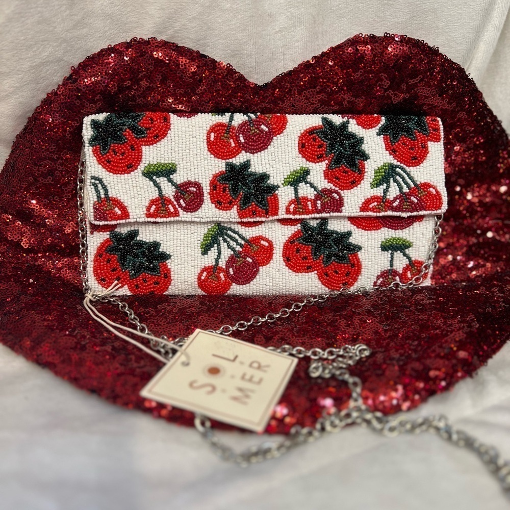 🍓🍒VIRAL SOL and MER Beaded Flap Cherry & Strawberry Clutch & Coin Pouch🍓🍒NWT - Picture 13 of 17